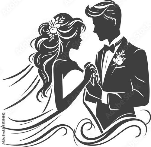 wedding husband wife, romantic couple, and Kissing couple silhouette vector design