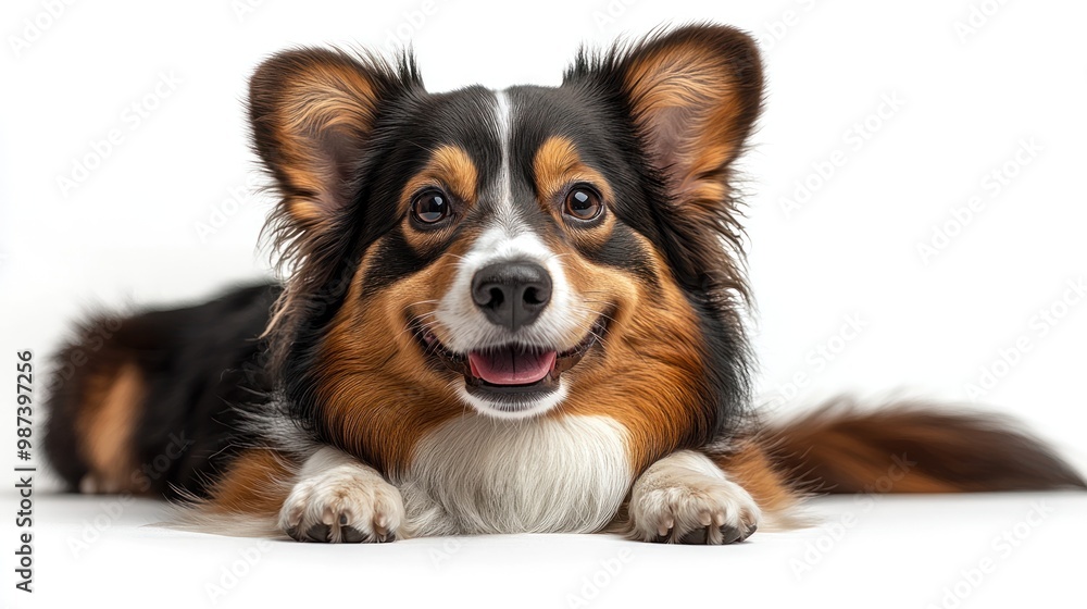 This corgi radiates joy with its playful expression, relaxing comfortably This corgi radiates joy with its playful expression, relaxing comfortably