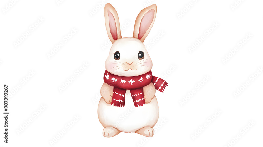 Obraz premium Snowflake Pattern Rabbit in Red Scarf Illustration