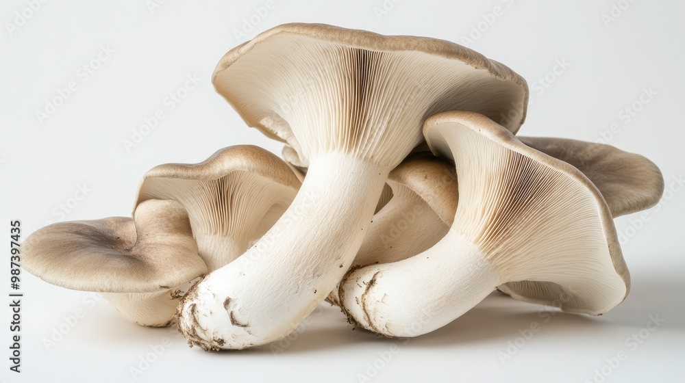 A fresh cluster of king oyster mushrooms fanned out on a white background, with a focus on their plump, smooth stems and earthy, brownish caps. A fresh cluster of king oyster mushrooms fanned out on a white background, with a focus on their plump, smooth stems and earthy, brownish caps.