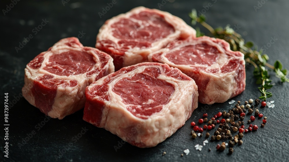 Juicy beef ribs accompanied by flavorful herbs and spices await culinary exploration Juicy beef ribs accompanied by flavorful herbs and spices await culinary exploration