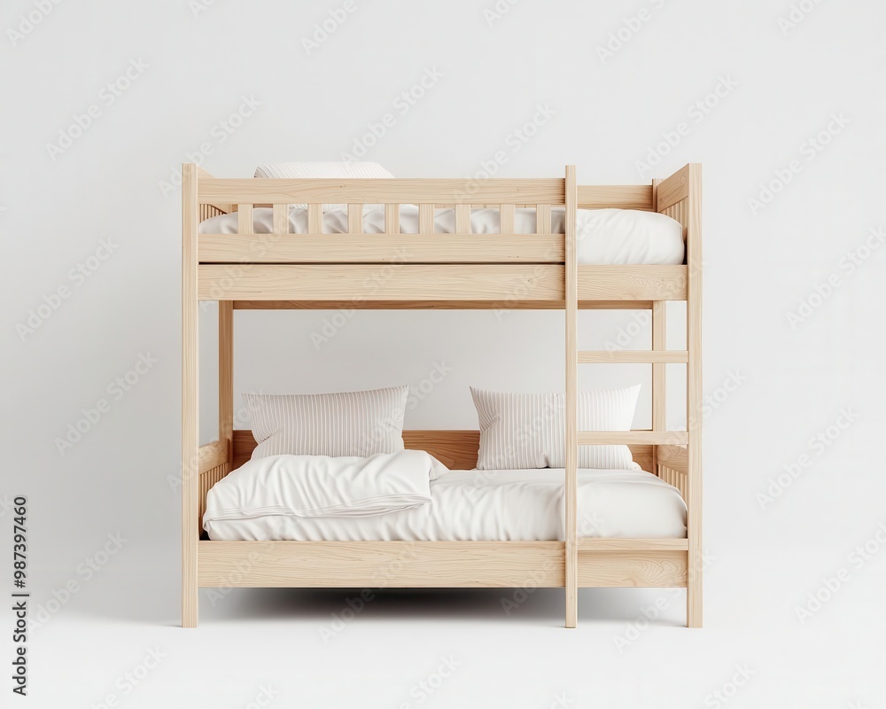 Modern children's bunk bed in light wood with minimalist styling, safety rails and sleek ladder design Modern children's bunk bed in light wood with minimalist styling, safety rails and sleek ladder design