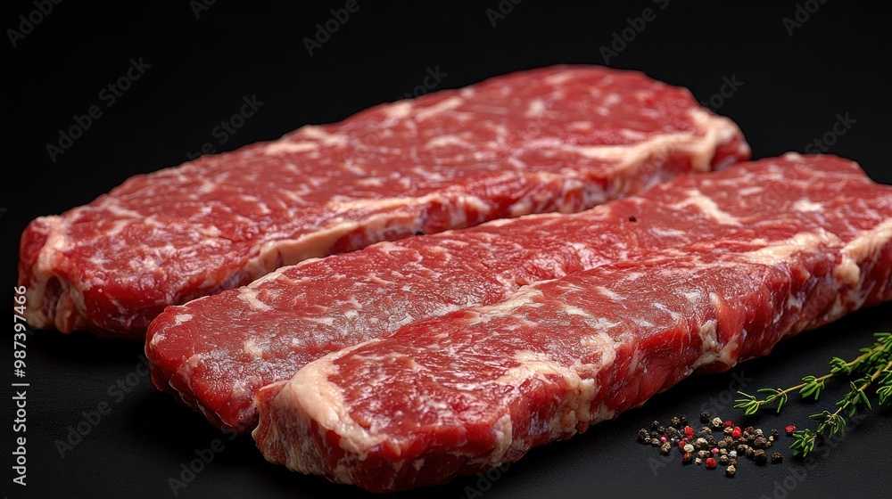 Succulent marbled steaks rest elegantly on a dark surface, awaiting prep Succulent marbled steaks rest elegantly on a dark surface, awaiting prep