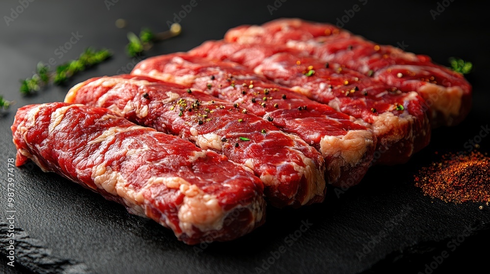 Juicy beef strips seasoned with spices, ready for cooking over a black slate backdrop Juicy beef strips seasoned with spices, ready for cooking over a black slate backdrop