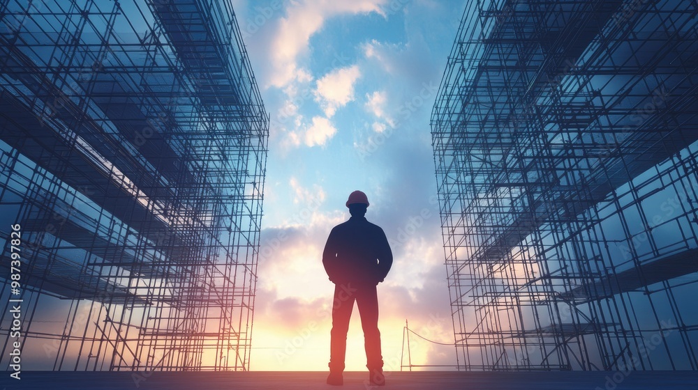 Obraz premium Construction engineer standing in front of unfinished scaffolding with an open sky and space for text.