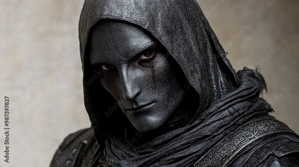 A cloaked figure stands silently, shrouded in mystery and shadows, captivating all eyes A cloaked figure stands silently, shrouded in mystery and shadows, captivating all eyes