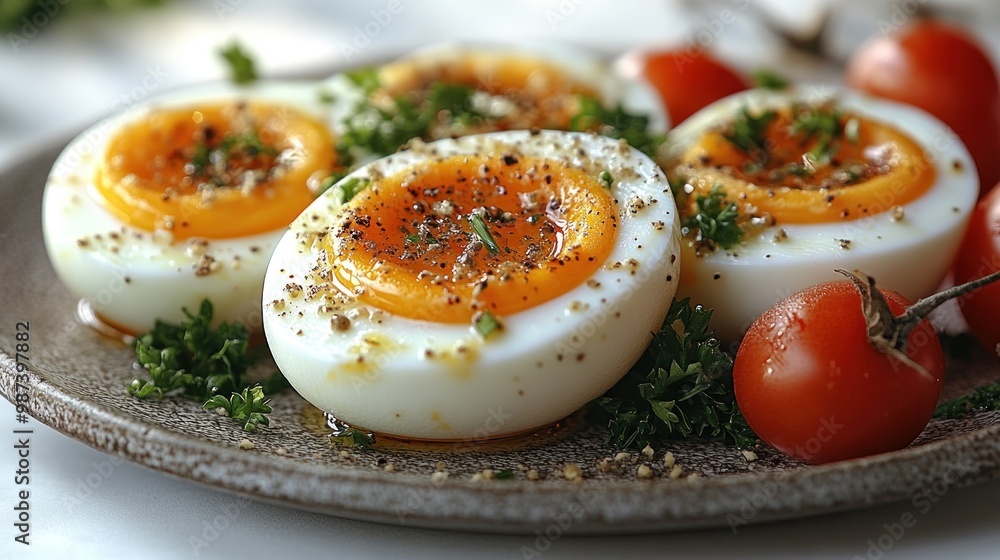 Soft boiled eggs adorned with spices and herbs complement cherry tomatoes beautifully Soft boiled eggs adorned with spices and herbs complement cherry tomatoes beautifully