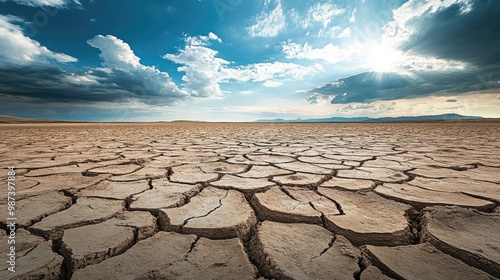 Cracked, dry earth in a barren landscape, with an expansive sky providing room for copy.