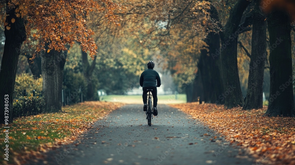 Obraz premium Cyclist in a park with a wide path ahead, leaving room for copy along the road.