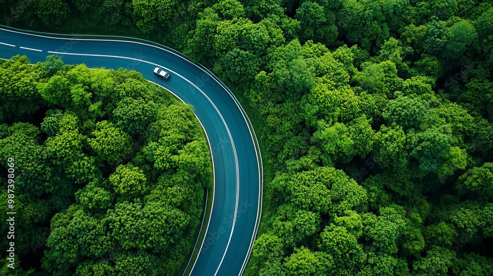 Aerial top view road in forest with car motion blur. Winding road through the forest. Car drive on the road between green forest. Ecosystem ecology healthy environment road trip. generative ai Aerial top view road in forest with car motion blur. Winding road through the forest. Car drive on the road between green forest. Ecosystem ecology healthy environment road trip. generative ai