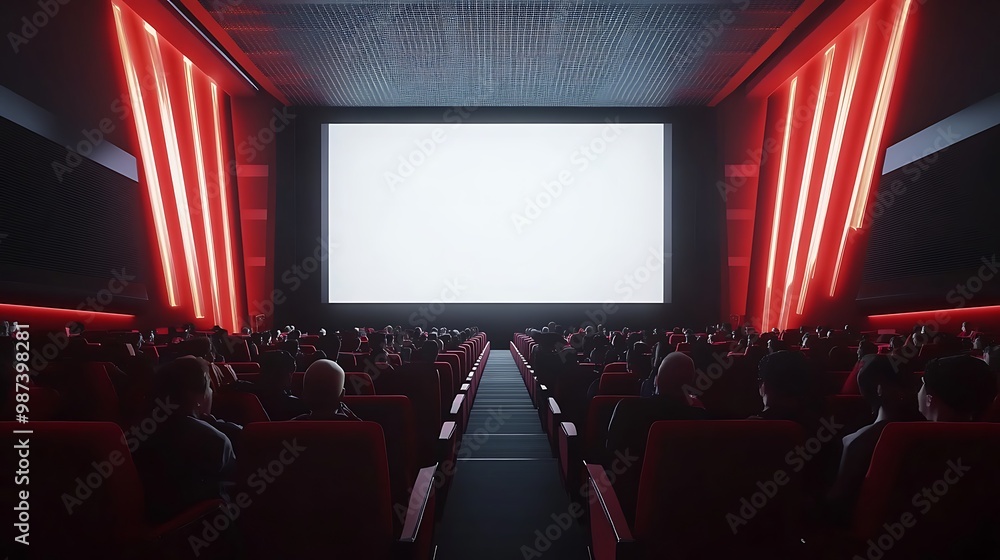 Fototapeta premium Movie theater interior with empty red seats facing a large screen