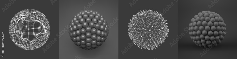Spheres formed by many dots or lines. Abstract design elements. Grid structure. 3d vector illustration for science, education or medicine. Spheres formed by many dots or lines. Abstract design elements. Grid structure. 3d vector illustration for science, education or medicine.