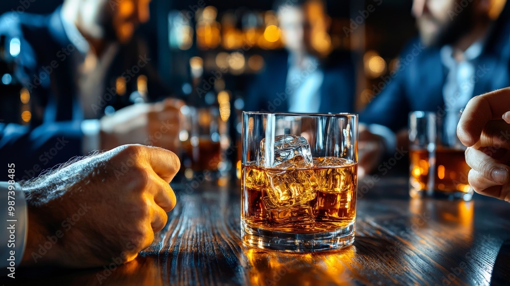 Close-up of a businessman giving a presentation, a glass of whiskey in hand, as the team drinks and discusses strategies around a table filled with bottles Close-up of a businessman giving a presentation, a glass of whiskey in hand, as the team drinks and discusses strategies around a table filled with bottles