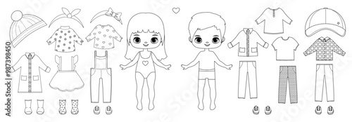Paper doll outline. Paper doll clothes. Boy, girl, baby. Coloring page, Coloring book. Cute girl with clothes. Vector illustration isolated on white background. Dress up, cutouts, cut out. Toy, game