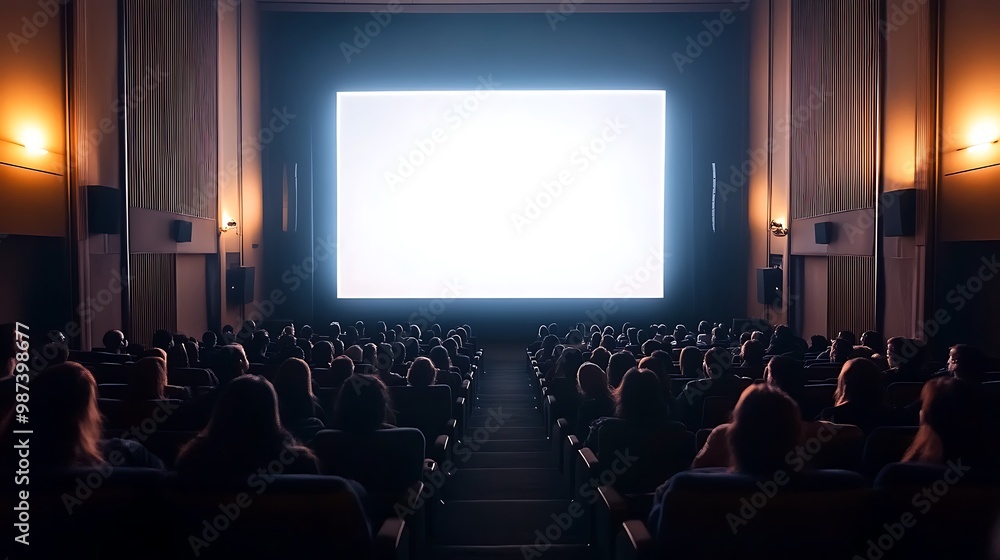 Obraz premium Movie theater interior with empty red seats facing a large screen