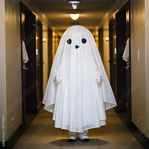 Adorable ghost in the form of a bed sheet in the hallway of a vintage hotel