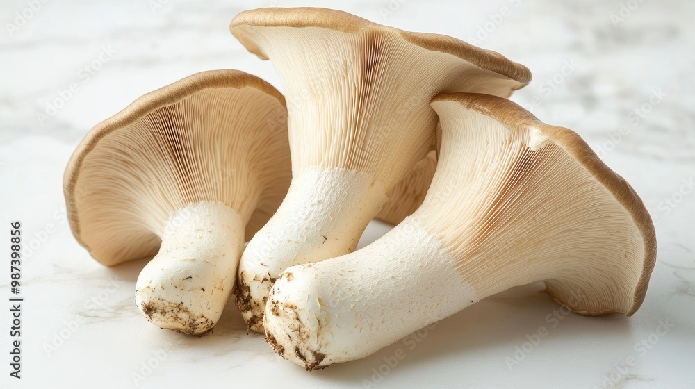 A group of raw king oyster mushrooms laying flat on a white surface, with their natural textures and subtle color variations displayed in detail. A group of raw king oyster mushrooms laying flat on a white surface, with their natural textures and subtle color variations displayed in detail.