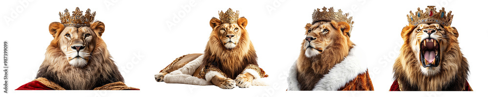 Set, collection of King lion in costume isolated on transparent background. Set, collection of King lion in costume isolated on transparent background.