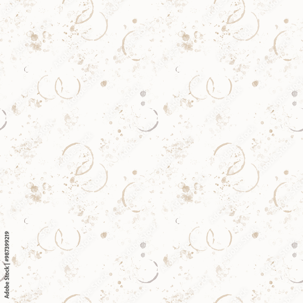 Coffee stains and splashes, traces of tea cups on a seamless pattern. Watercolor illustration in digital. Tea rings and a trace from a cup of coffee are isolated on a white background. Coffee stains and splashes, traces of tea cups on a seamless pattern. Watercolor illustration in digital. Tea rings and a trace from a cup of coffee are isolated on a white background.