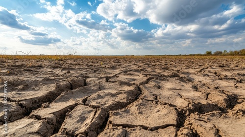 Dry, barren field with cracks in the earth, leaving space for copy in the desolate sky.