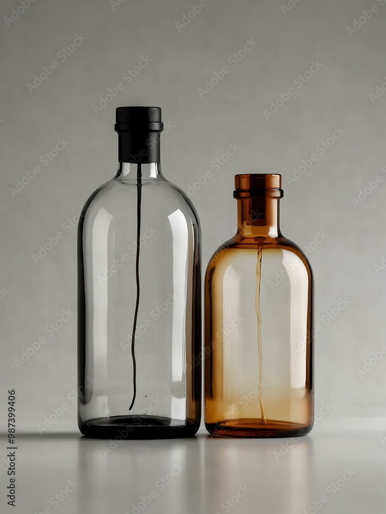 Minimalist black, white, and amber bottles on a white background. Minimalist black, white, and amber bottles on a white background.