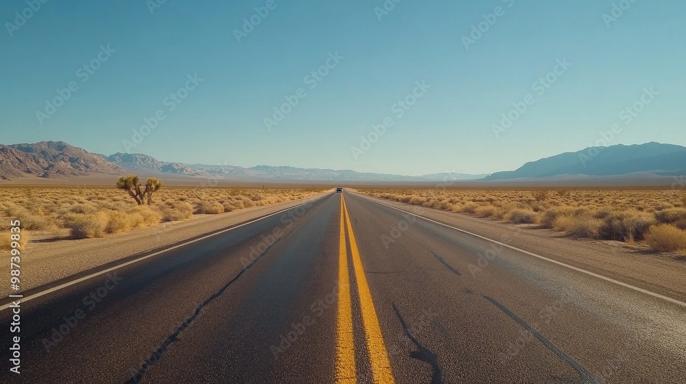 A long stretch of an empty highway, cutting through the desert landscape with a single car in the distance, symbolizing freedom and the adventure of a solo road trip. A long stretch of an empty highway, cutting through the desert landscape with a single car in the distance, symbolizing freedom and the adventure of a solo road trip.