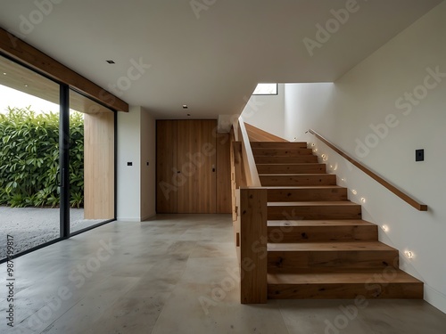 Minimalist design with wooden stairs and an archway.