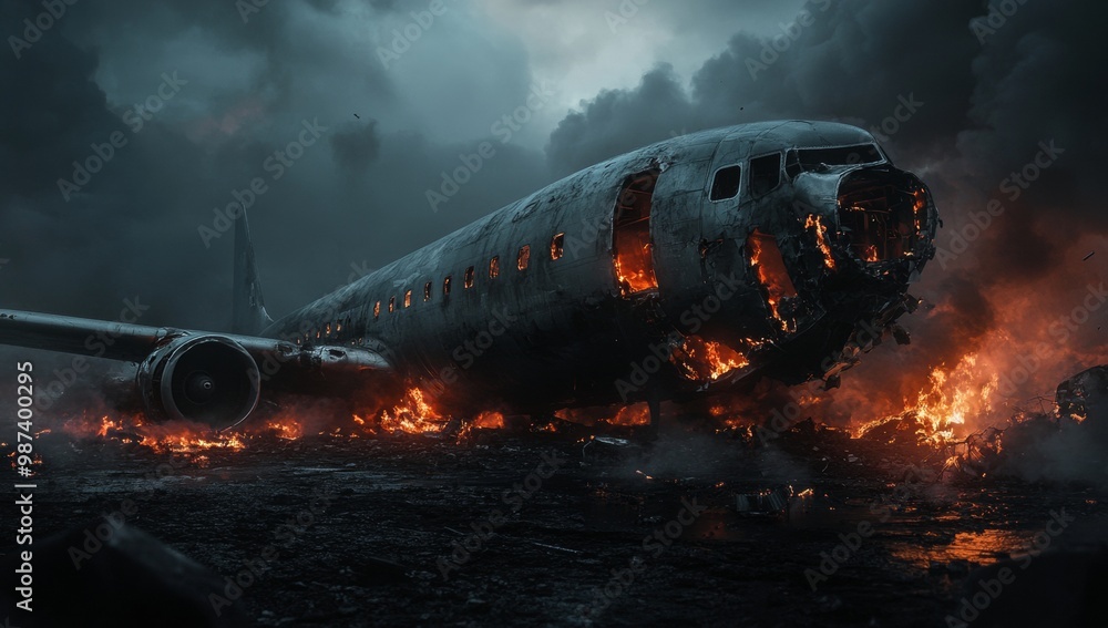 Airplane Crash Inferno: A Striking Display of Flames and Wreckage Beneath Dark Skies Airplane Crash Inferno: A Striking Display of Flames and Wreckage Beneath Dark Skies