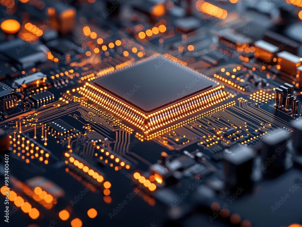 Obraz premium Close-up of robotic arm placing microchips on a motherboard, precision electronics assembly