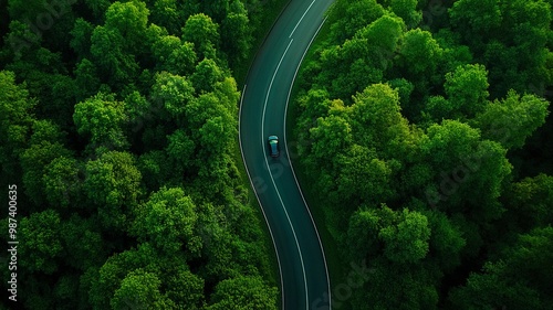 Aerial top view road in forest with car motion blur. Winding road through the forest. Car drive on the road between green forest. Ecosystem ecology healthy environment road trip. generative ai