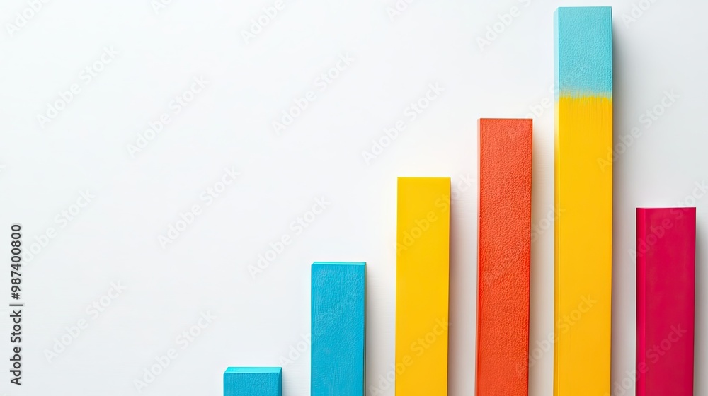 Flat lay of a bar graph with rising bars and a clean white background, leaving ample space to the right for copy or data labels. Flat lay of a bar graph with rising bars and a clean white background, leaving ample space to the right for copy or data labels.