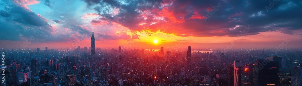 Vibrant Cityscape at Sunset with Dramatic Clouds Vibrant Cityscape at Sunset with Dramatic Clouds