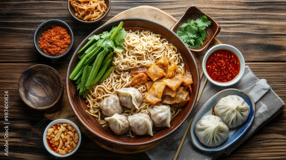 Rustic Thai Noodle Set with Boat Noodles, Spicy Chili Paste, Fried Pork Skin, and Steamed Dumplings Rustic Thai Noodle Set with Boat Noodles, Spicy Chili Paste, Fried Pork Skin, and Steamed Dumplings