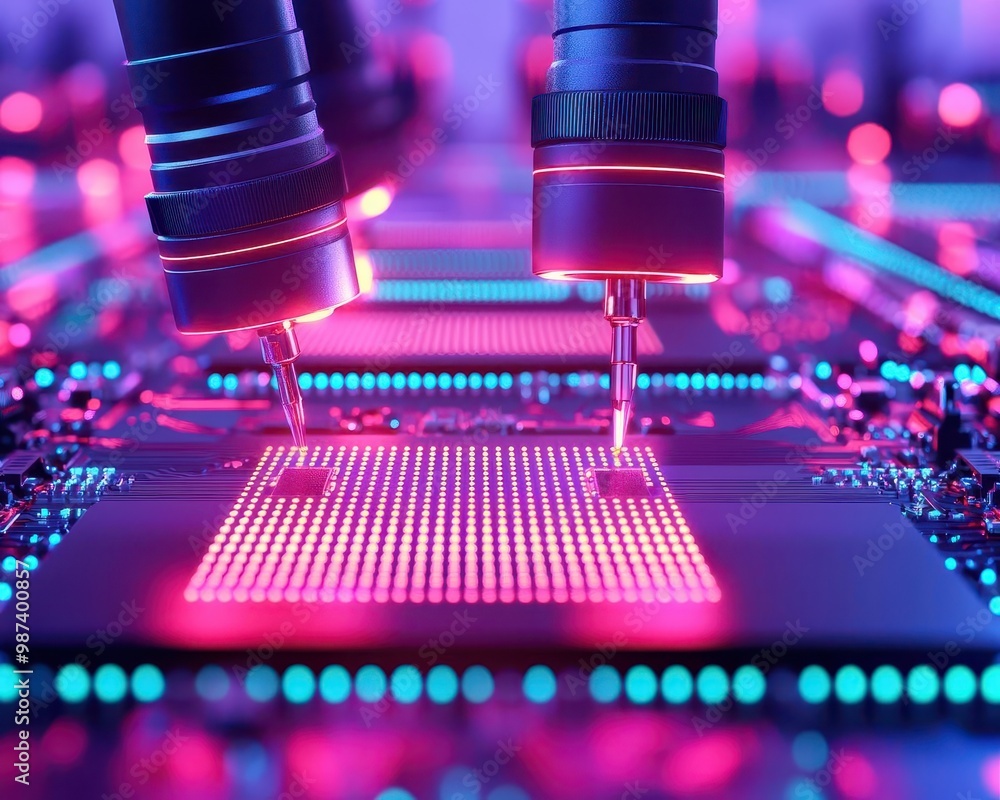 Close-up of microchip production on a conveyor belt, high precision and minimalistic design Close-up of microchip production on a conveyor belt, high precision and minimalistic design