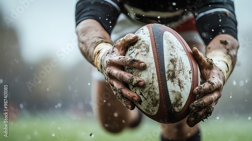 A rugby player's hand holding a muddy ball.