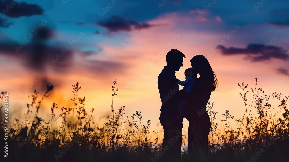 A mother and father silhouetted against a twilight sky, cradling their child, symbolizing love and protection in a serene outdoor setting. A mother and father silhouetted against a twilight sky, cradling their child, symbolizing love and protection in a serene outdoor setting.