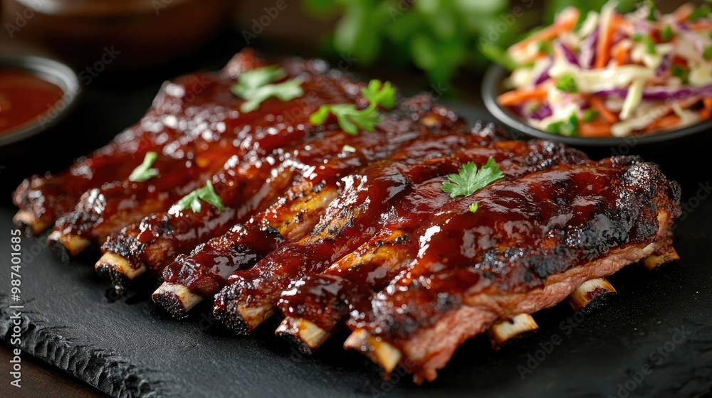 A mouthwatering platter of perfectly grilled pork ribs glistening with barbecue sauce, garnished with fresh herbs and served with coleslaw on the side. A mouthwatering platter of perfectly grilled pork ribs glistening with barbecue sauce, garnished with fresh herbs and served with coleslaw on the side.