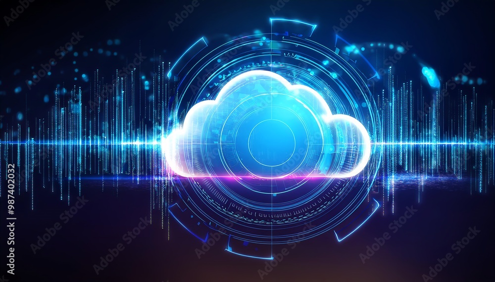 A digital cloud symbol surrounded by glowing data streams, representing cloud computing and technology. A digital cloud symbol surrounded by glowing data streams, representing cloud computing and technology.