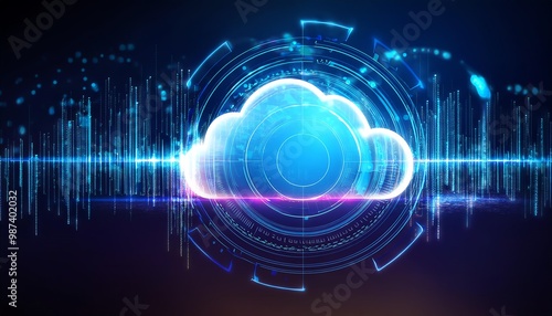 A digital cloud symbol surrounded by glowing data streams, representing cloud computing and technology.