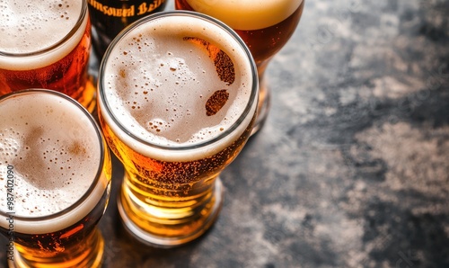 A close-up of various beer glasses filled with golden liquid and bubbly foam, perfect for celebrating moments or social gatherings.