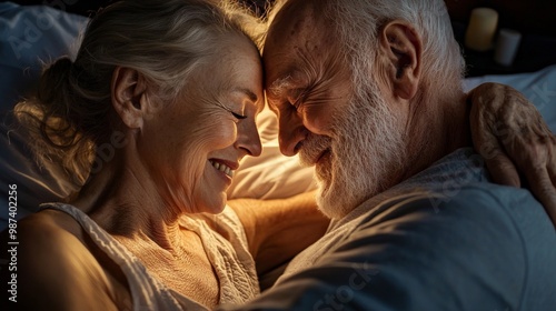 A elderly couple in sleepwear sharing a quiet, tender moment on a bed, their faces glowing with love, framed in a close-up shot that captures their deep connection and happiness