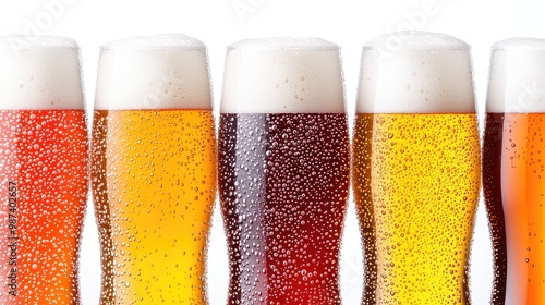 A collection of vibrant beer glasses showcasing various colors and foamy tops, perfect for beverage-related concepts.