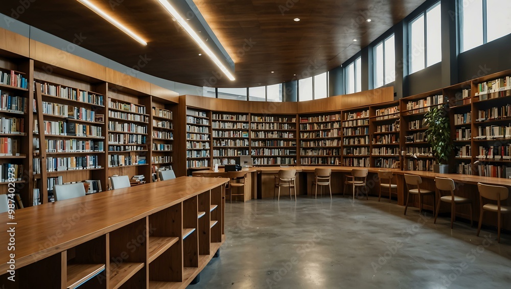 Modern library interior with high ceilings and wooden shelves. Modern library interior with high ceilings and wooden shelves.