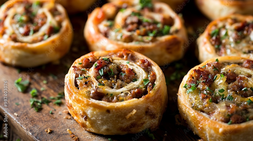 Close-up of golden brown sausage rolls on a wooden board. Close-up of golden brown sausage rolls on a wooden board.