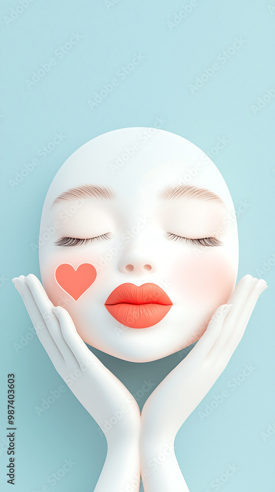 portrait with a pale face and heart shaped lips two hands on the sides of the head a pastel blue background and a 3D rendering style as if for a beauty industry advertisement portrait with a pale face and heart shaped lips two hands on the sides of the head a pastel blue background and a 3D rendering style as if for a beauty industry advertisement
