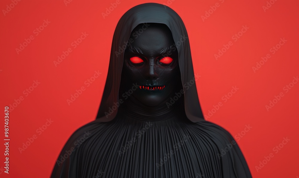 A mysterious figure cloaked in black, featuring glowing red eyes against a vibrant red background, evoking an eerie atmosphere. A mysterious figure cloaked in black, featuring glowing red eyes against a vibrant red background, evoking an eerie atmosphere.