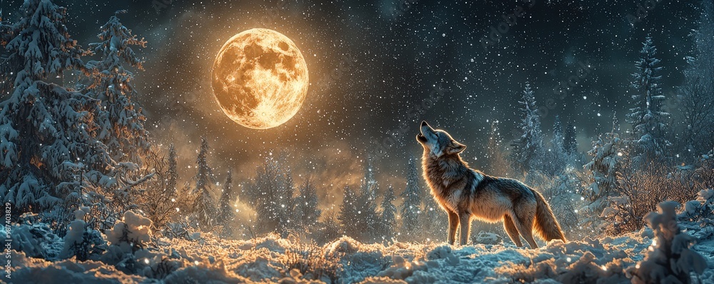 Naklejka premium Realistic Wolf Howling Under the Moonlight
