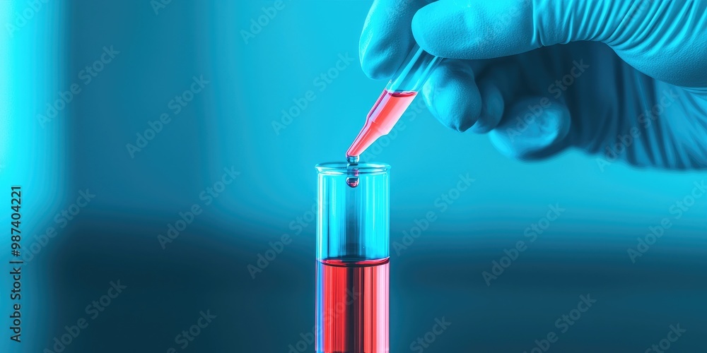 A scientist's hand using a dropper to add red liquid to a test tube, showcasing laboratory experimentation and chemical analysis. A scientist's hand using a dropper to add red liquid to a test tube, showcasing laboratory experimentation and chemical analysis.