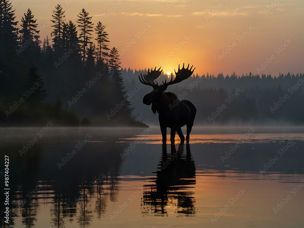 Moose silhouetted against a sunset over a misty lake. Moose silhouetted against a sunset over a misty lake.