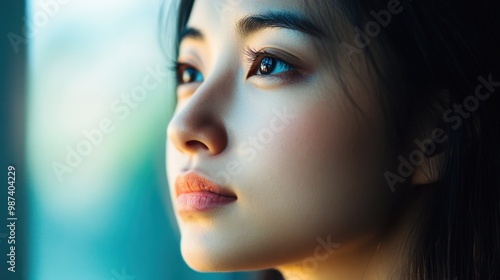 Close-up of an Asian woman gazing into the distance, lost in her thoughts during a quiet afternoon.